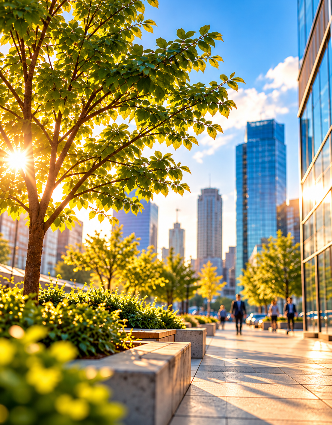 Sunlit tree in a modern city setting